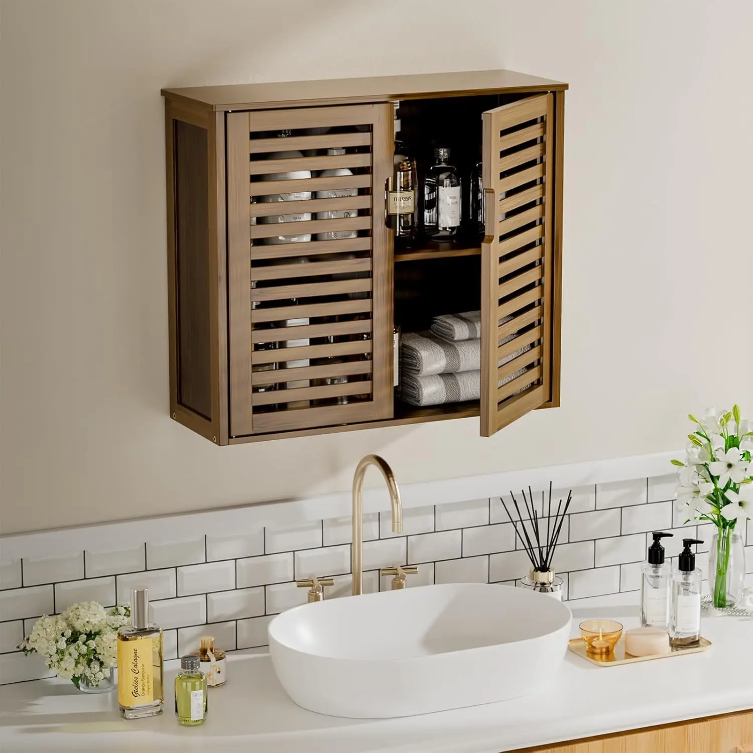 Medicine Cabinet, Bathroom Storage Cabinet Wall Mounted, Over The Toilet Space Saver Organizer with Doors and Bamboo Shelves