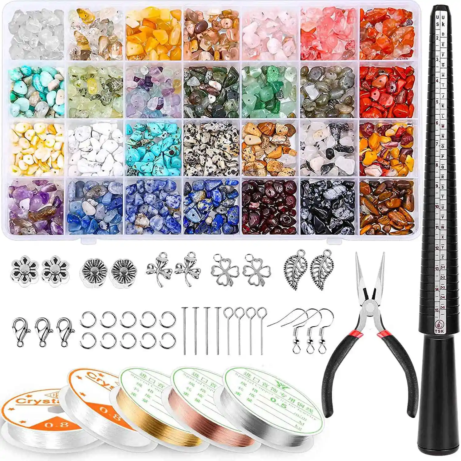 

AF89-Ring Making Kit With 28 Colors Crystal Beads,1660 Pcs Crystal Jewelry Making Kit With Gemstone Chip Beads, Jewelry Wire
