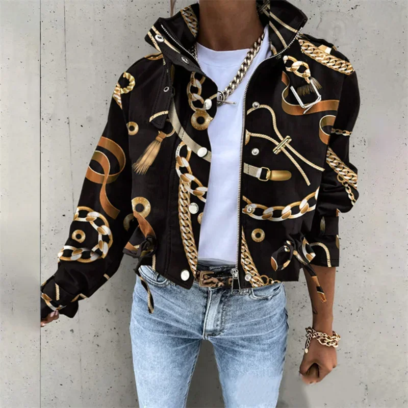 Fashion Print Snap Button Zipper Cardigan Jackets Women Patchwork Pockets Decoration Outerwear Autumn Winter Female Casual Coats