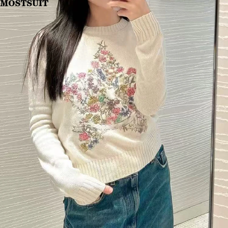 Estrela bordado camisola de malha pulôver feminino 2025 inverno manga longa em torno do pescoço malhas topos vintage elegante jumpers