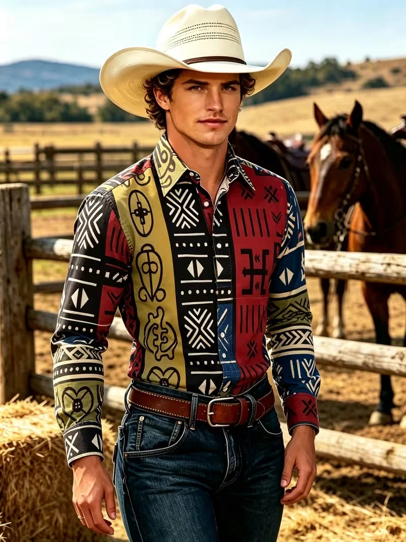 New Red and Blue Vortex Printed Satin Shirt American Trendy Abstract Fluid Ripple Men's Slimming Long Sleeve Shirt