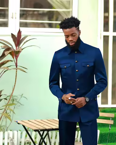 Africa Stand Collar 4 Pockets Safari Style Dark Blue Full Male Suits Wedding Clothing Blazer Trousers 2pcs Jacket Pants Men Sets