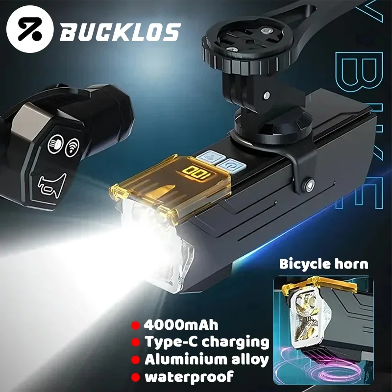 

BUCKLOS Bike Light Front 4000mAh Aluminium Alloy Bike Haedlight with Horn Type-C Charging Bicycle Lights Bicycle Accessories