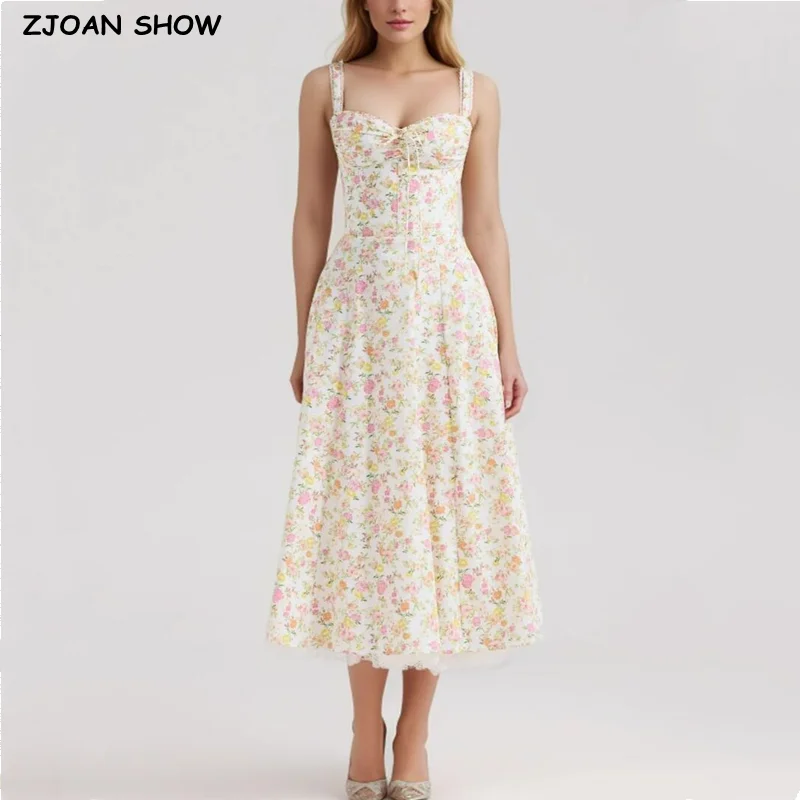 2024 Sexy Apricot Flower Print Sling Dress Corset Style Bow Ruched Chest Lining Spliced Lace Hem A-line Swing Midi Robe Women