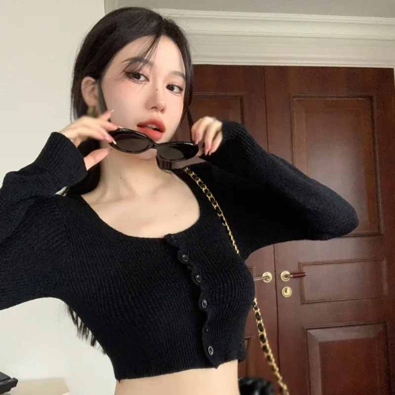 Girls Korean Sweaters Long Sleeve Cardigan Air Conditioning Shirts Solid Color Square Neck Knitted Slim Short Tops