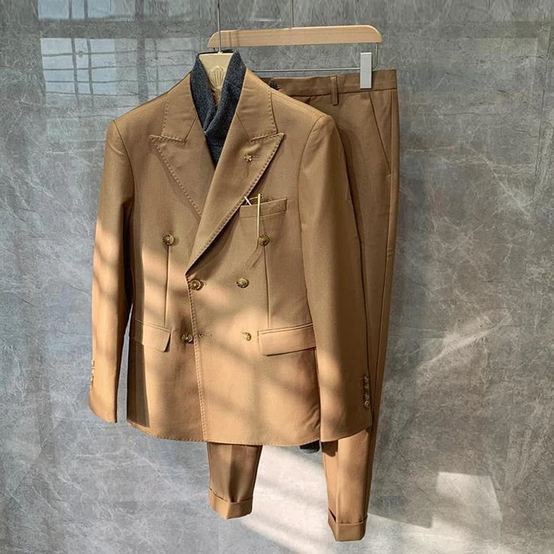 

Mens Suits With Pants Korea Pop Retro Color Slim Double Breasted Suit Coat Fashion Suit Two-piece Set Jacket + Pant Ukraine