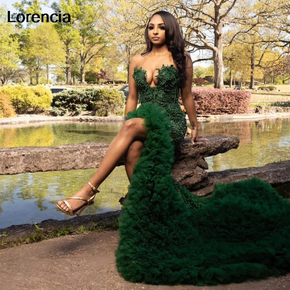 Personalizado verde esmeralda sereia vestido de baile para meninas negras lantejoulas strass frisado alta fenda babados festa gala vestidos ypd94