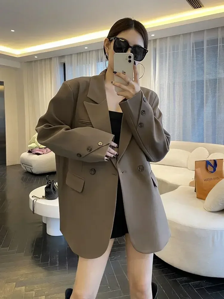 เกาหลีสไตล์ผู้หญิง Blazer Solid INS Lady Casual Harajuku Notched Outwear All-Match หลวมฤดูใบไม้ร่วงสํานักงาน-ดูใหม่มาถึง