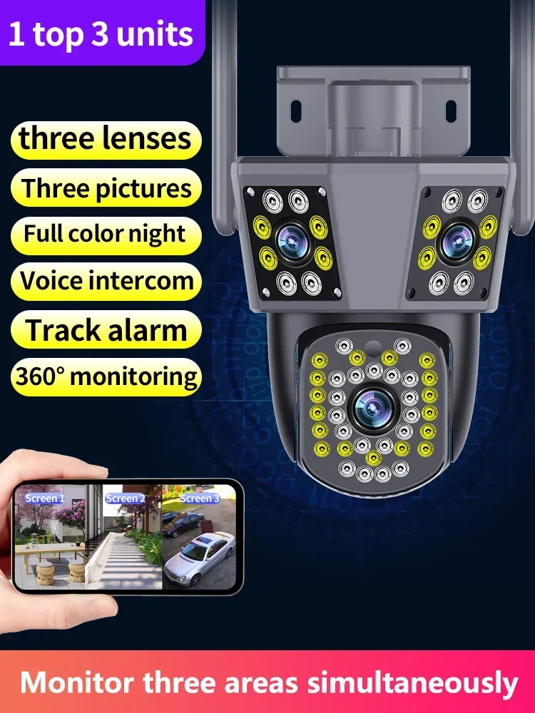 6K 12MP WiFi Camera Outdoor 10X Zoom Security CCTV Triple Lens Triple Screen Ai Track Mini Video Surveillance Camera IPC360 Home