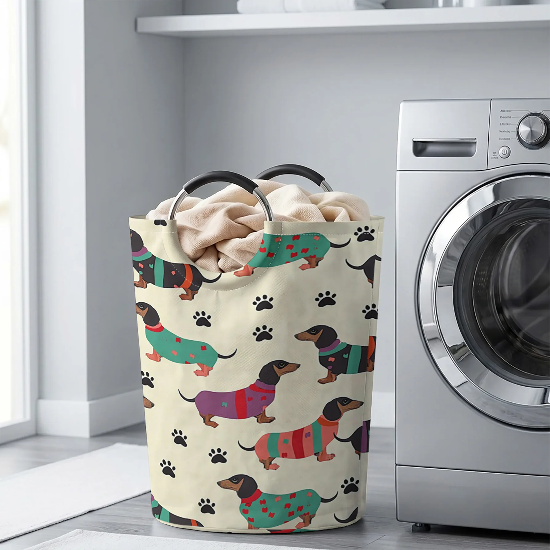 Dachshund In Sweater With Paw Prints All‑Over Print Handheld Storage Basket, For Laundry, Bedroom & Home Sundries Storage