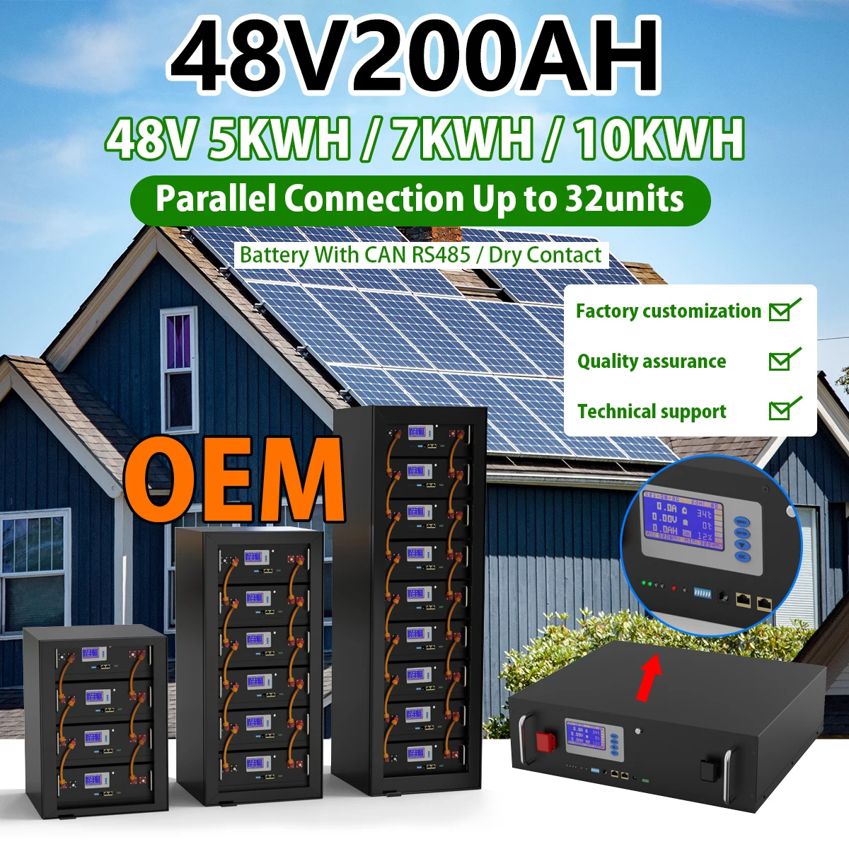 48V 200Ah LiFePO4 Battery Pack 5KW 10KW 16S BMS 32pcs Parallel With UPS CAN RS485 PC Monitor For Solar System Golf EU No Tax