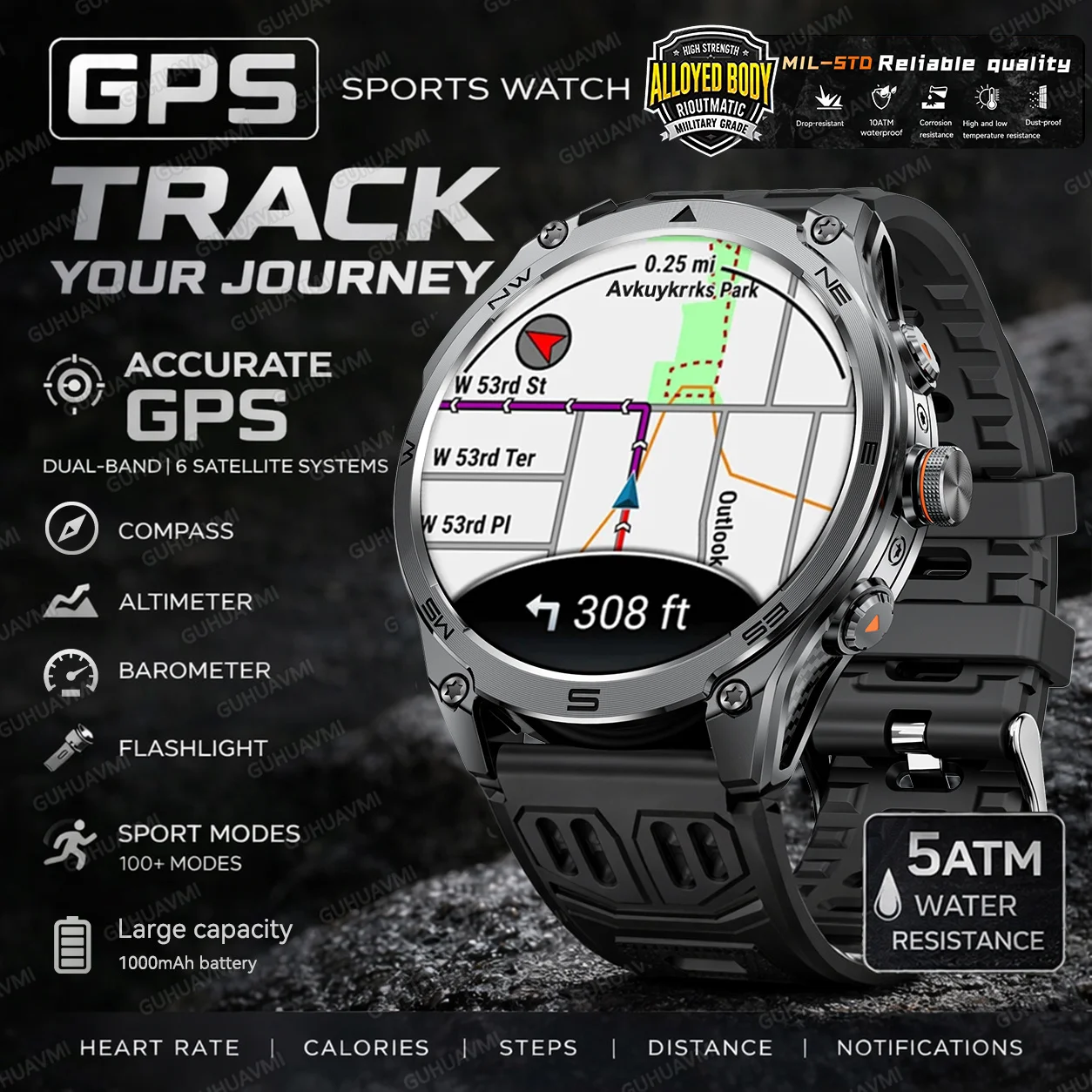 

2026 Dual-Band GPS Smart Watch Outdoor Sports Watch Compass Altimeter Barometer 100+ Modes Heart Rate 1000mAh Battery 5ATM Clock