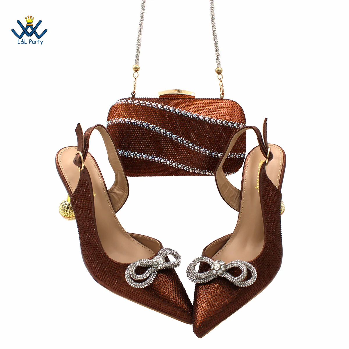 2022 Ladies Coffee Color Popular Pointed Toe Sandal Decorated with Crysta Shoes and Bag Set For Friends Party