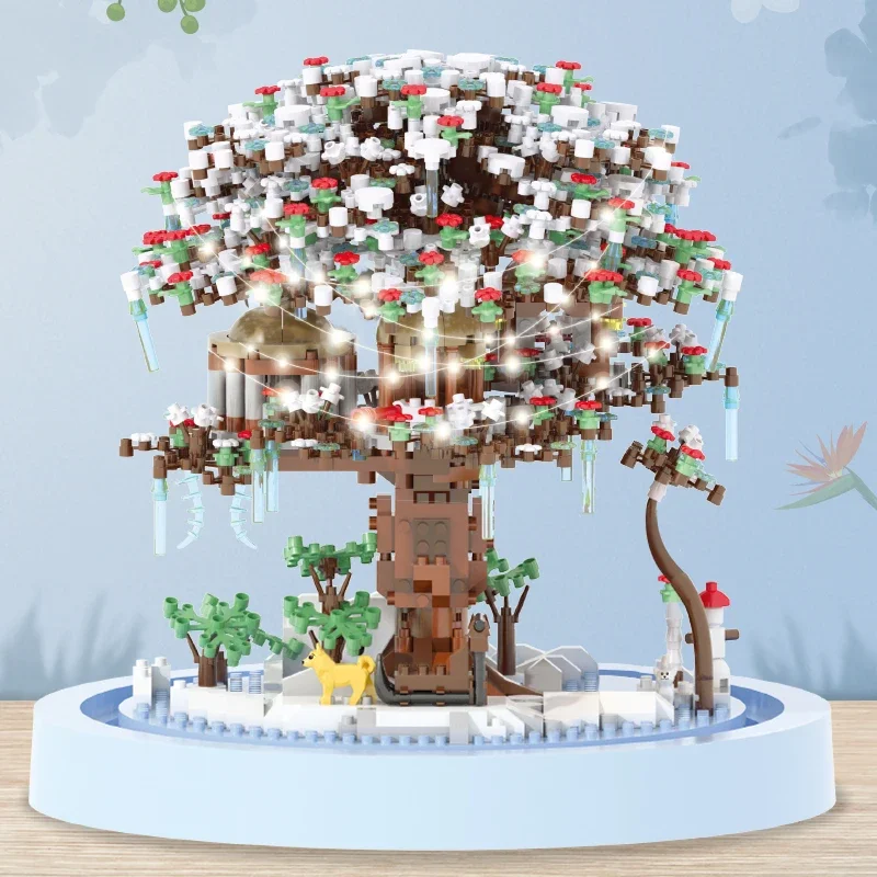 DIY Cherry Blossom Flower Tree House Assembly Building Blocks Light Classic Model Bricks with Dust Cover Set Gifts for Kid Adult