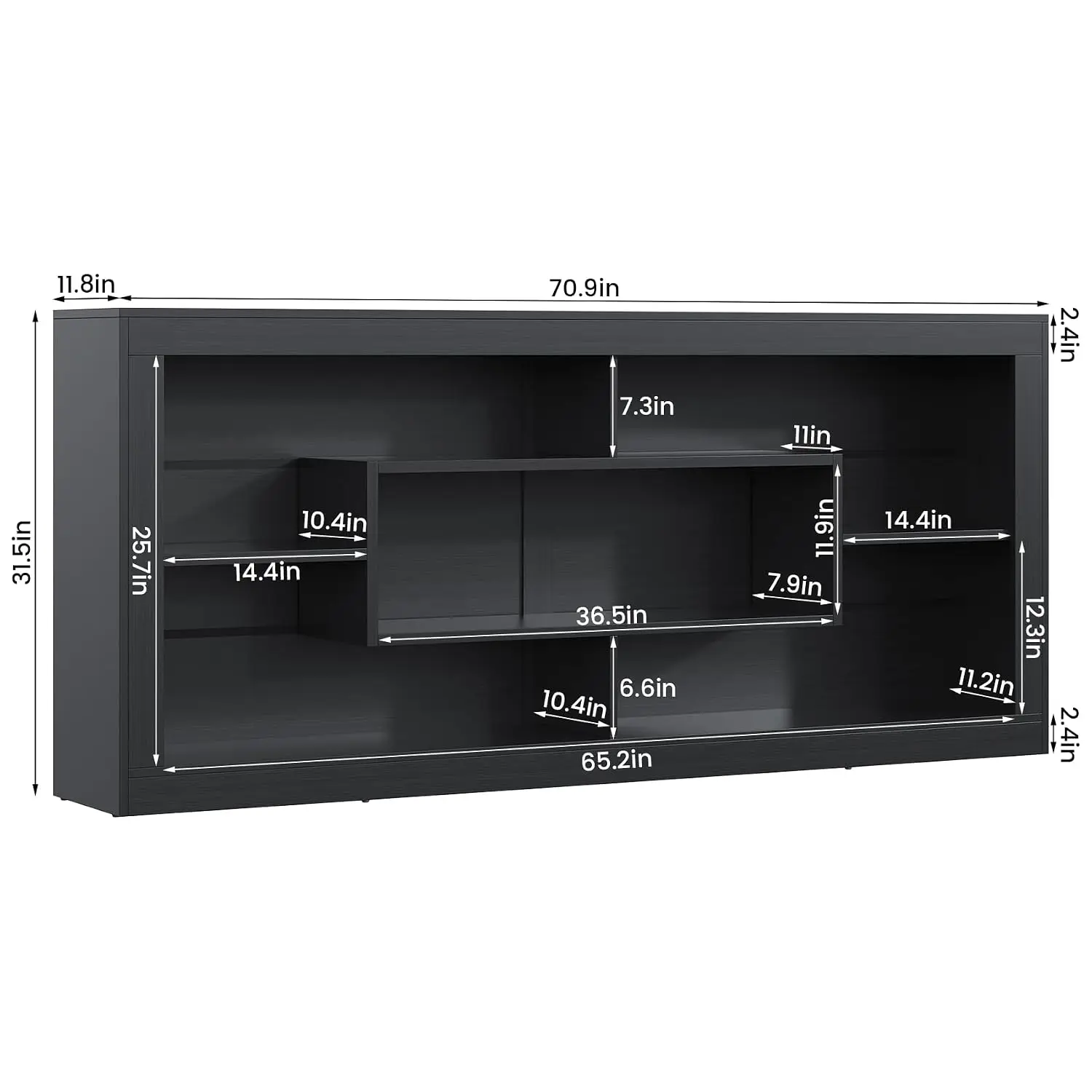 Low Profile Bookshelf 7 Cube Open Shelf Storage Organizer Black Console Cabinet Living Room Entryway Office, Customized