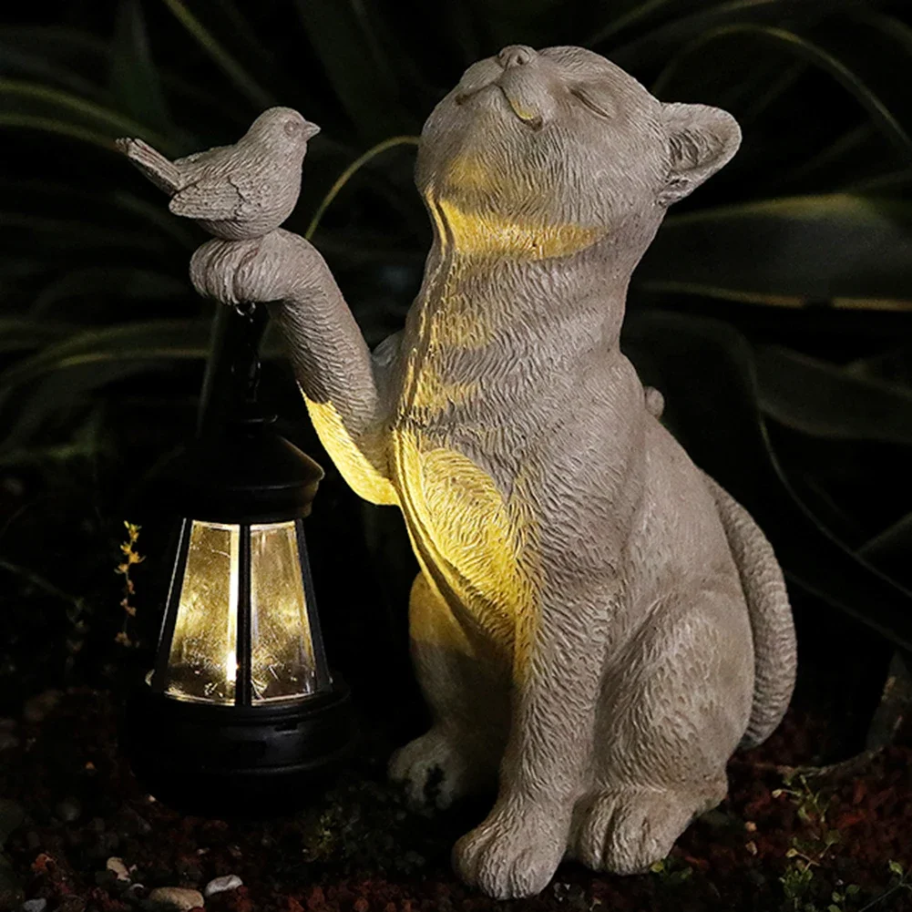 Solar Animal Lamp Solar Little Cat Lamp Resin Mini Statue Cat Outdoor Lantern Garden Ornament Light for Yard Balcony Pathway