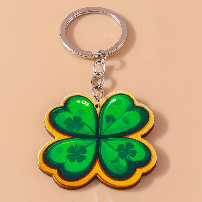 Fashion Wooden Lucky Clover Keychain Charms Shamrock Key Ring for Women Girl Handbag Pendants DIY St. Patrick\'s Day Jewelry Gift