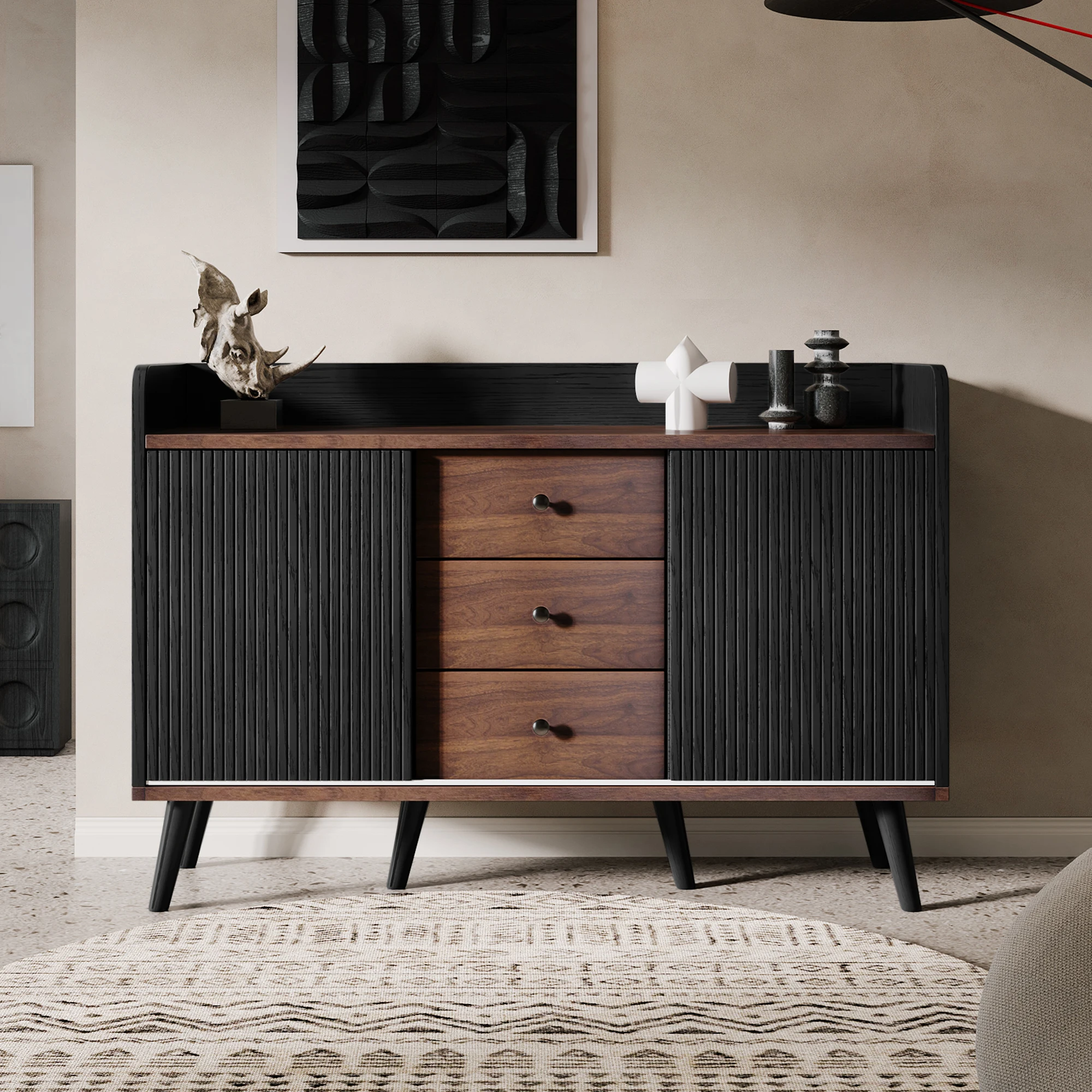 Buffet avec trois tiroirs, grain de bois exquis. Buffet pour chambre et salon, buffet moderne couleur bois avec