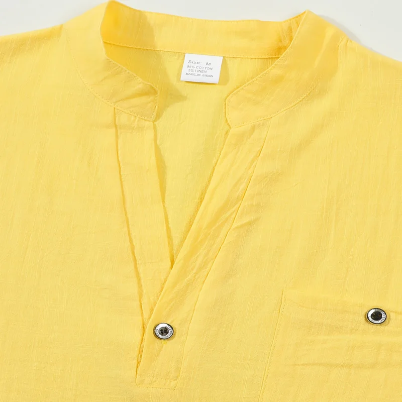 Men's Cotton Linen Henley Shirt Short Sleeve Band Collar Button Chest Pocket Casual Breathable Summer Beach Vacation Daily Tee view 4