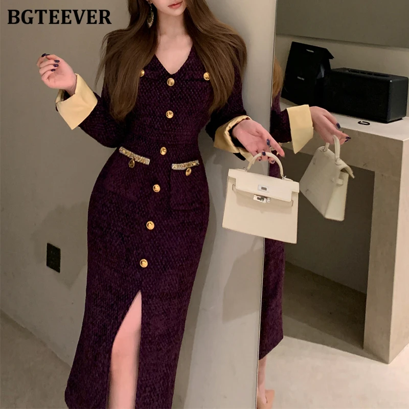 

BGTEEVER Vintage Slim Waist Female Single-breasted Package Hip Dress Elegant V-neck Long Sleeve Female Split Bodycon Dress