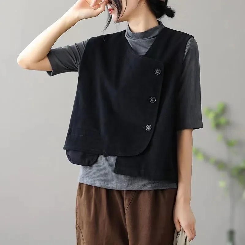 

Vests Women Korean Style Spring Autumn Asymmetrical Design Exquisite Small Pocket Simple OL Irregular Sleeveless Cotton Coats