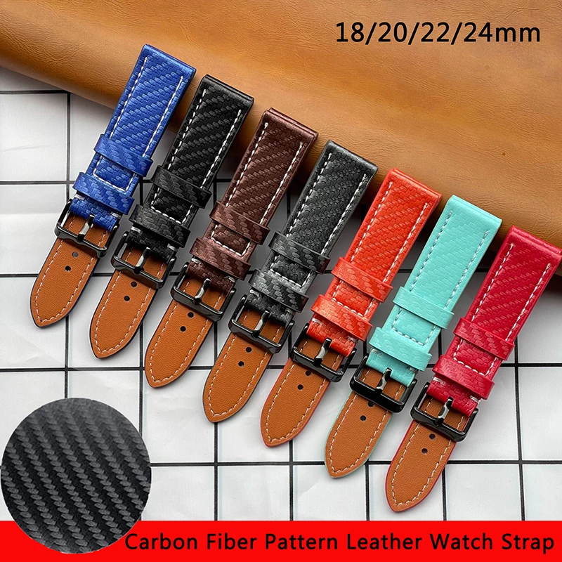 18mm 20mm 22mm 24mm Carbon Fiber Pattern Cowhide Watch Strap Black Red Watchband Bracelet Wristband Men Women Watch Accessory