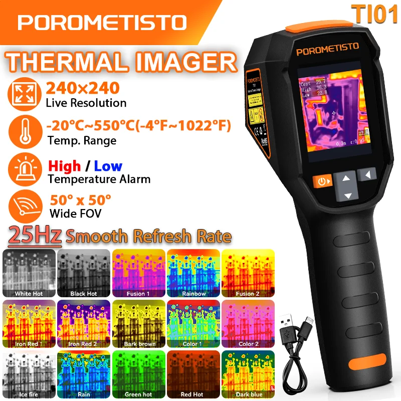 

ПОРОМЕТИСТО ТИ01 -20 ~550 ℃ Перезаряжаемая тепловизионная камера 240*240 25Гц, водонепроницаемая, ударопрочная, портативная, с лазерным тепловизором