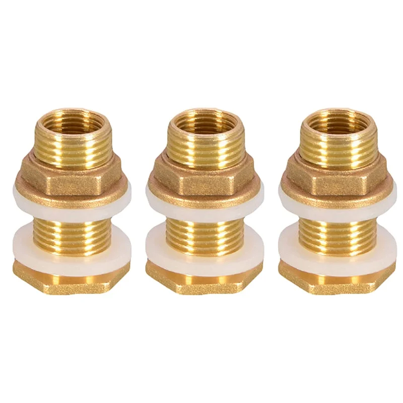 Solid Brass Bulkhead Fitting, 3 Sets 3/8 Inch Female 1/2 Inch Male Solid Brass Water Tank Connector Threaded with Ring