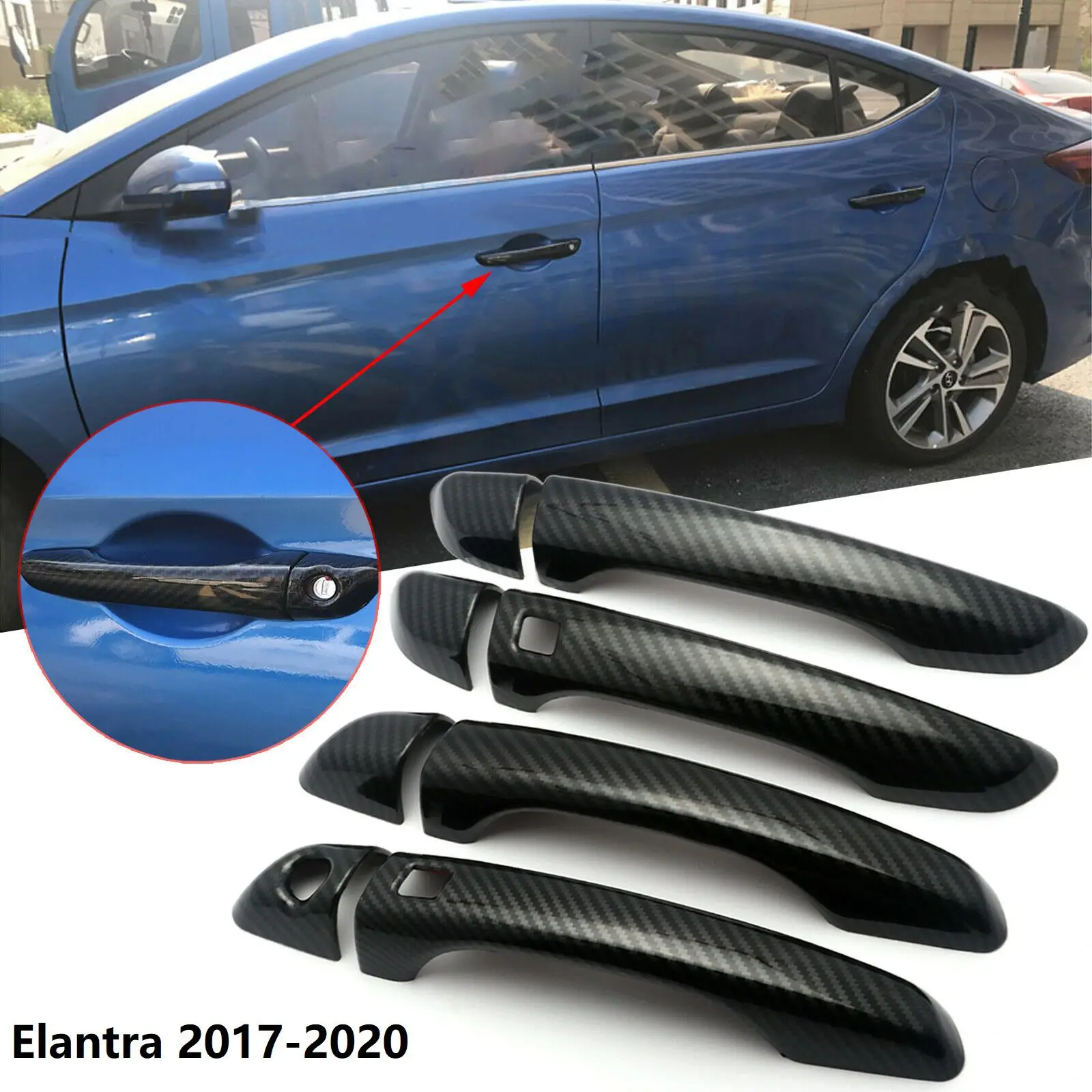 for Hyundai Elantra 2017-2020 Carbon Fiber Car Door Handle Cover Trim Sticker(2 Buttons)