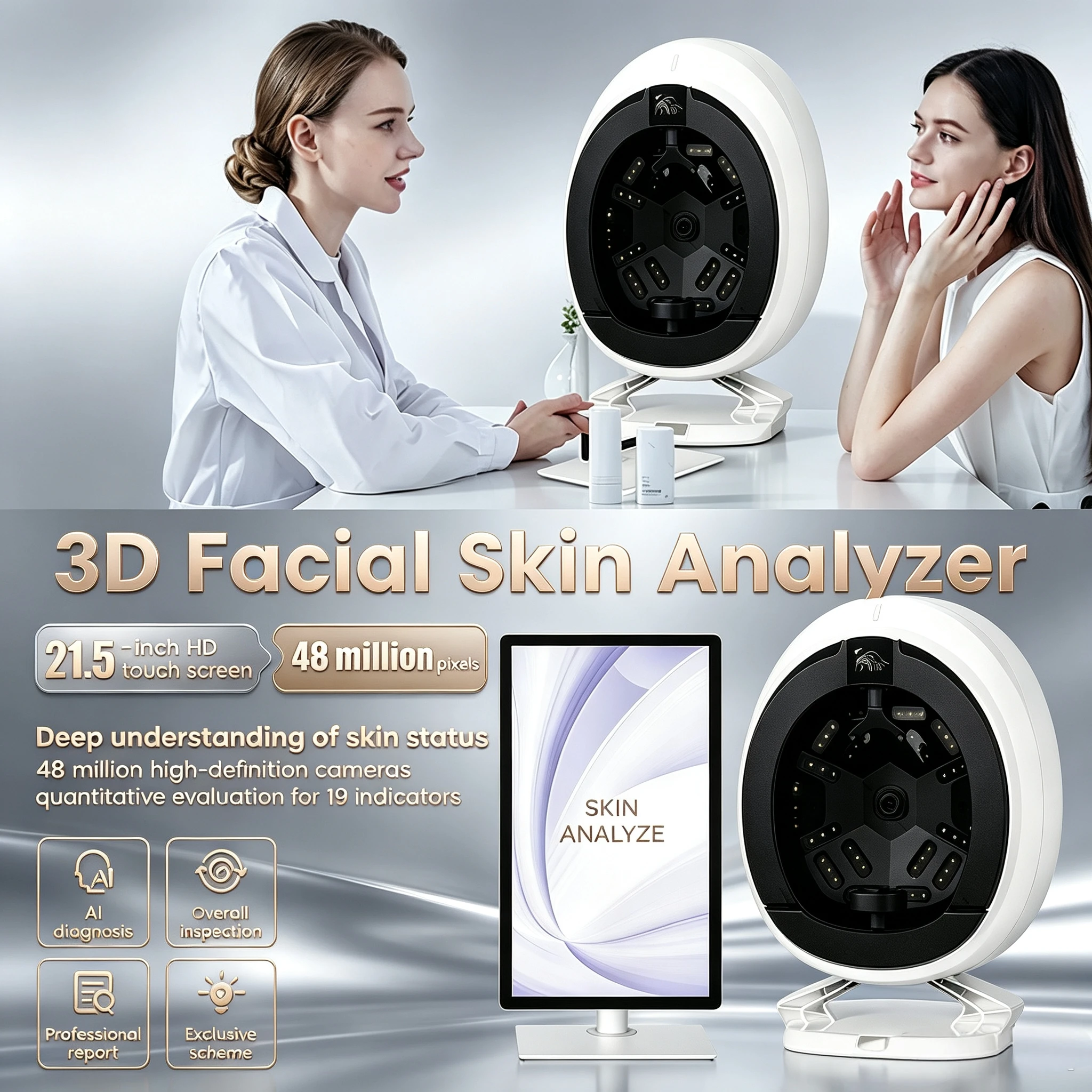 Q2 AI Skin Analyzer Magic Mirror Facial Scanner 3 HD Cameras 21.5 Inch Screen 3D Skin Diagnosis Detector Skin Tester Salon Skin
