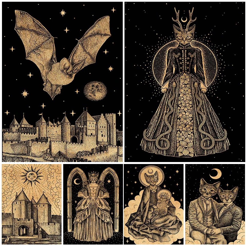 

Bat And Castle Vintage Tarot Art Orint Bewitching Witch And Cat Queen Retro Poster And Prints Home Decor Wicca Wall Art Unframed