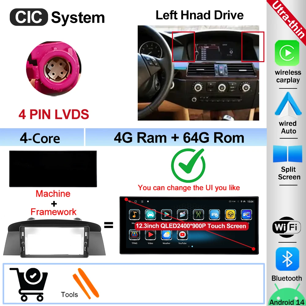 12.3" Ultra-thin Screen Android 16 BT for BMW 5 Series E60 E61 E62 2004-2008 CIC CCC System 4G Car Radio Video Multimedia Player image 3