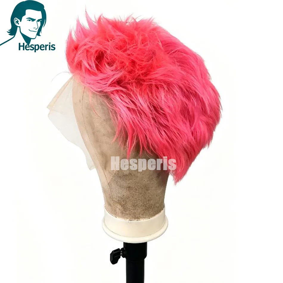 Hesperis Men Short Hot Pink Full Lace Wig Real Human Hair Glueless Lace Wig Pre‑plucked Fluffy Bright Pink Wig for Party Cosplay
