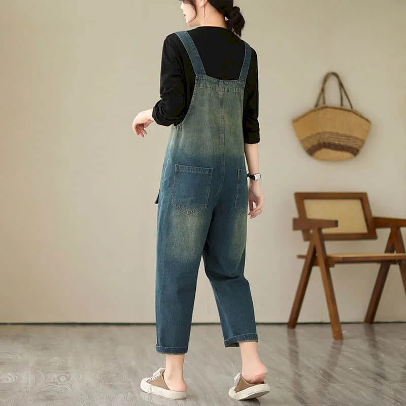 Denim Jumpsuits for Women Gradient Ankle-Length Pants One Piece Outfit Women Rompes Loose Korean Style Casual Vintage Overalls