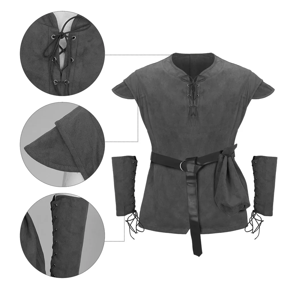 Men's Medieval Lace Up Tunic Shirt Renaissance Viking Pirate Costume Long Sleeve Retro Tops with Belt for Halloween Cosplay - view 2