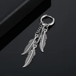 1pc Simple Design Cross Feather Tassel Earring Stainless Steel Fashion Geometric Pendant Stud Ear Jewelry Party For Women Men