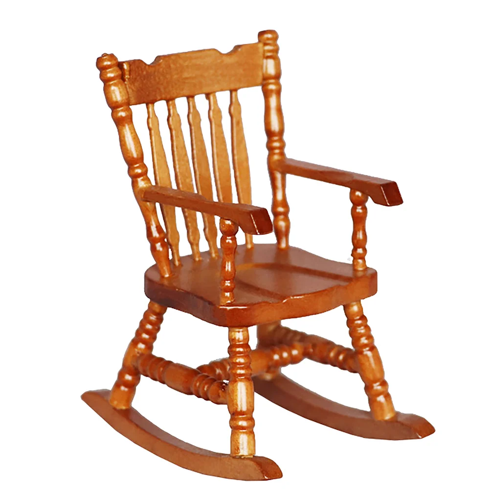 Miniature Wooden Rocking Chair Brown Simulation Furniture for Dollhouse Scene Decor Smooth Realistic Shape Multi