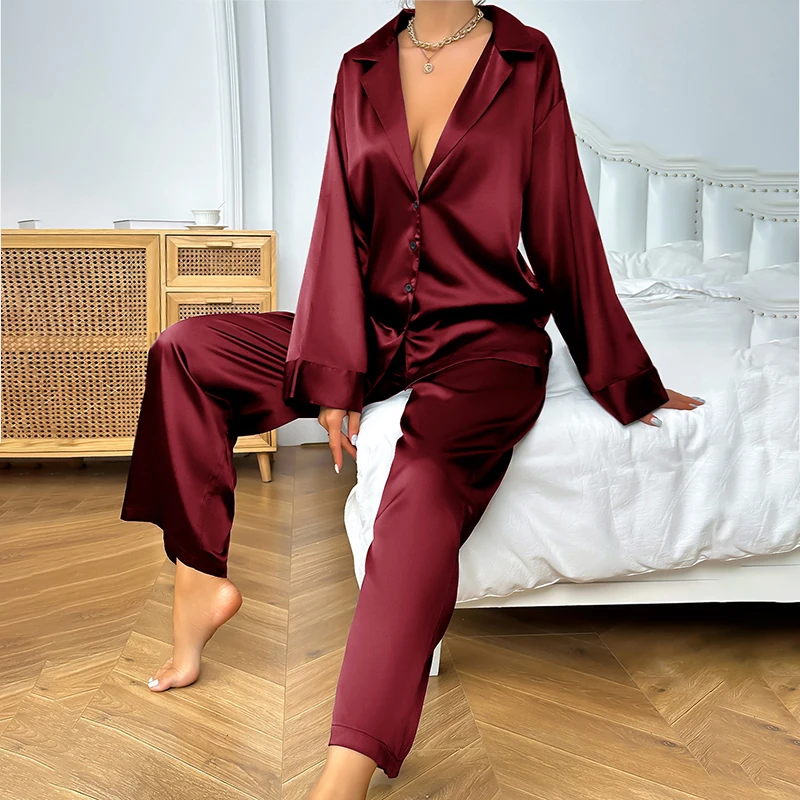 Autumn women\'s pajamas two-piece set with lapel buttons long sleeved top elastic waist long pants casual comfortable home wear