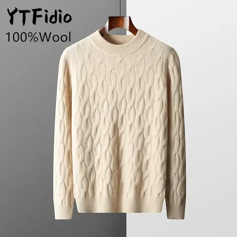 YTFidio 남성용 100% 울 스웨터, 하프 하이 칼라 스웨터, 트위스트 플라워, 두꺼운 따뜻한 루즈 솔리드 풀오버 니트웨어, 기본 195