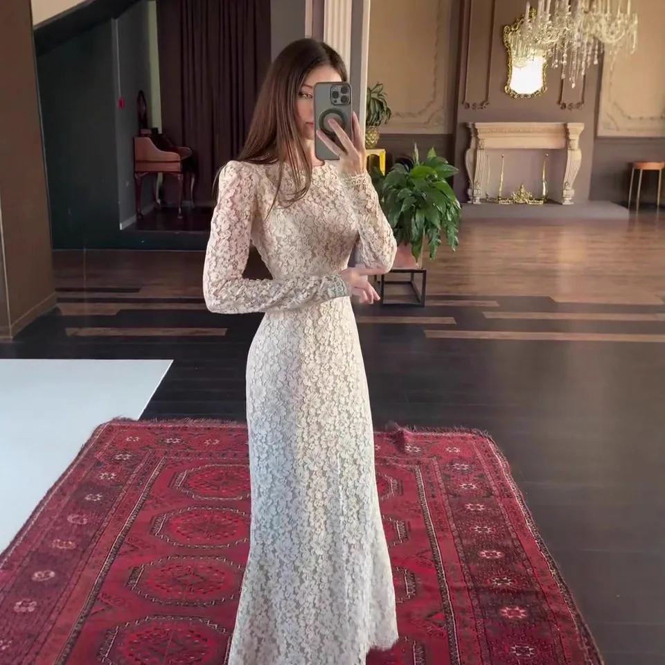 

2025 Autumn New Elegant and Soft Temperament Long-sleeved Long Dress Simple Dresses Lace Fishtail Skirt