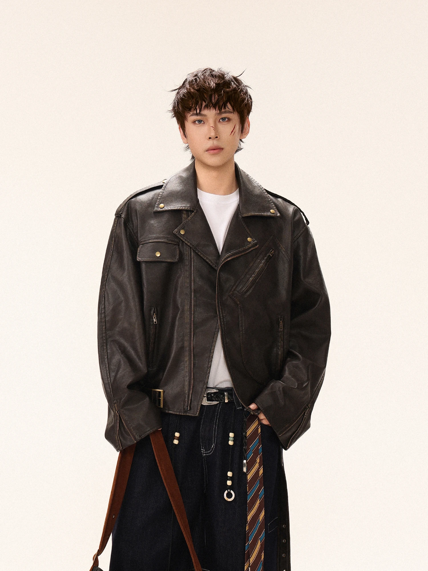 

American Retro Leather Jaet Outerwear Men's Women's Autumn New Loose Casual Versatile Jaet Top PU Leather Warm Zipper