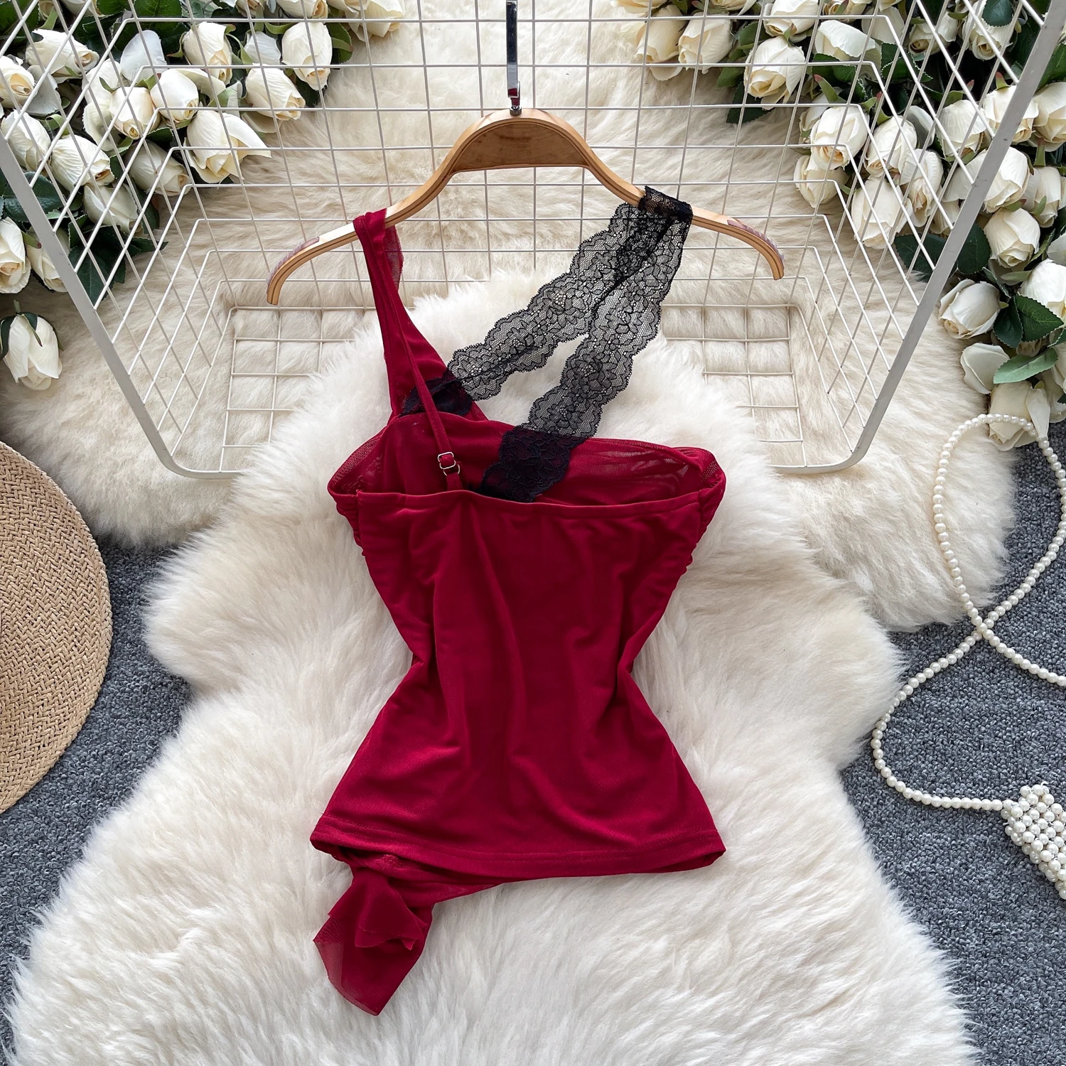 Elegancka bluzka damska w stylu vintage, bez rękawów, asymetryczna, koronkowa, dopasowana, modna koszula, codzienna, szykowna, top, wróżkowa, letnia koszula.