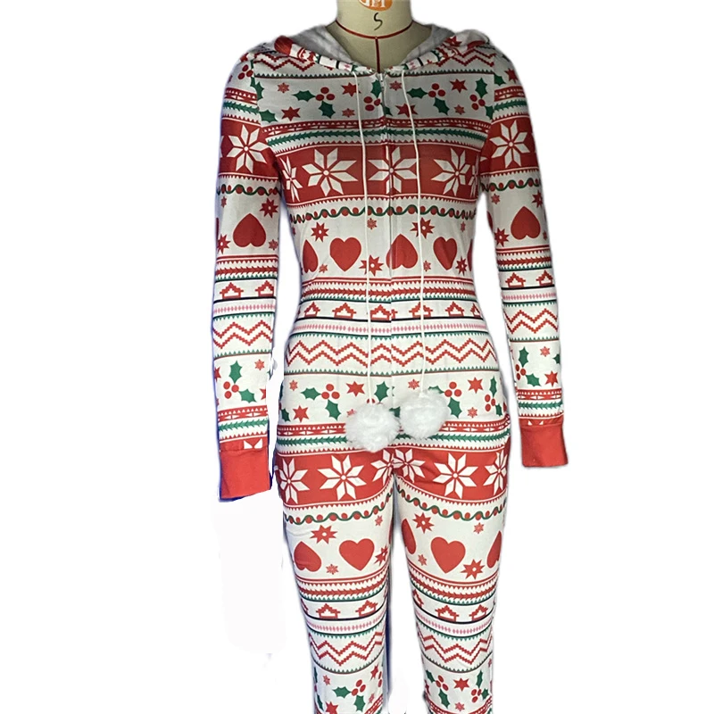 2023 Christmas Outfits Women\'s Long Pajama Romper Long Sleeve Drawstring Heart Star Print Jumpsuit Pajama Lounge Nigntwear