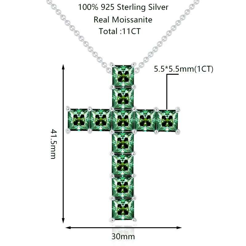New Green Moissanite Cross Pendant Necklace for Men Women Sterling Silver Princess Lab Diamond Pass Diamond Test Party Necklace - Image 2