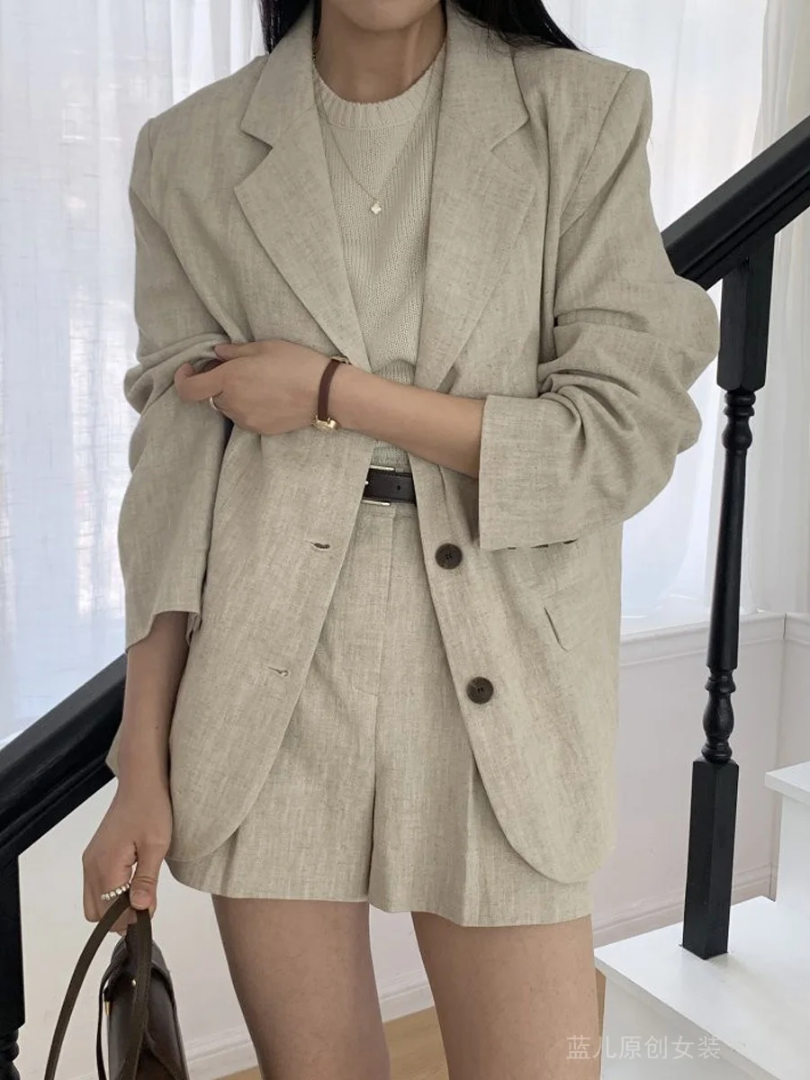 SuperAen 솔리드 컬러 코튼 및 린넨 블레이저 여성용 여름 2025 새로운 루즈하고 캐주얼한 반바지 바지 투피스 세트