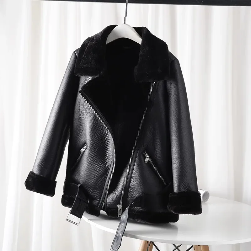 Classic Women's 2024 Double Sided biker Jacket with Thick fur Warm black women's jacket