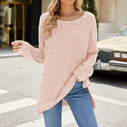 Traf 2024 Mujer Moda damska Casual Solid Color Hem Slit Round Neck Long Sleeve Pullover Top Ropa Para Mujer Tops For Women