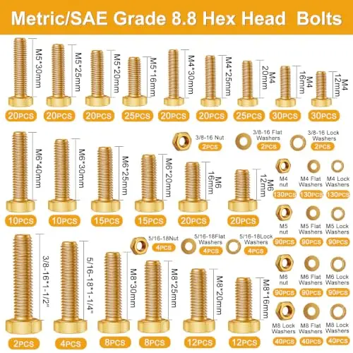 334PCS Nut and Bolt Combination Kit Metric and SAE, Cross Head and 8.8 Grade Metric Hexagonal Bolts, Nuts, Lock washers.