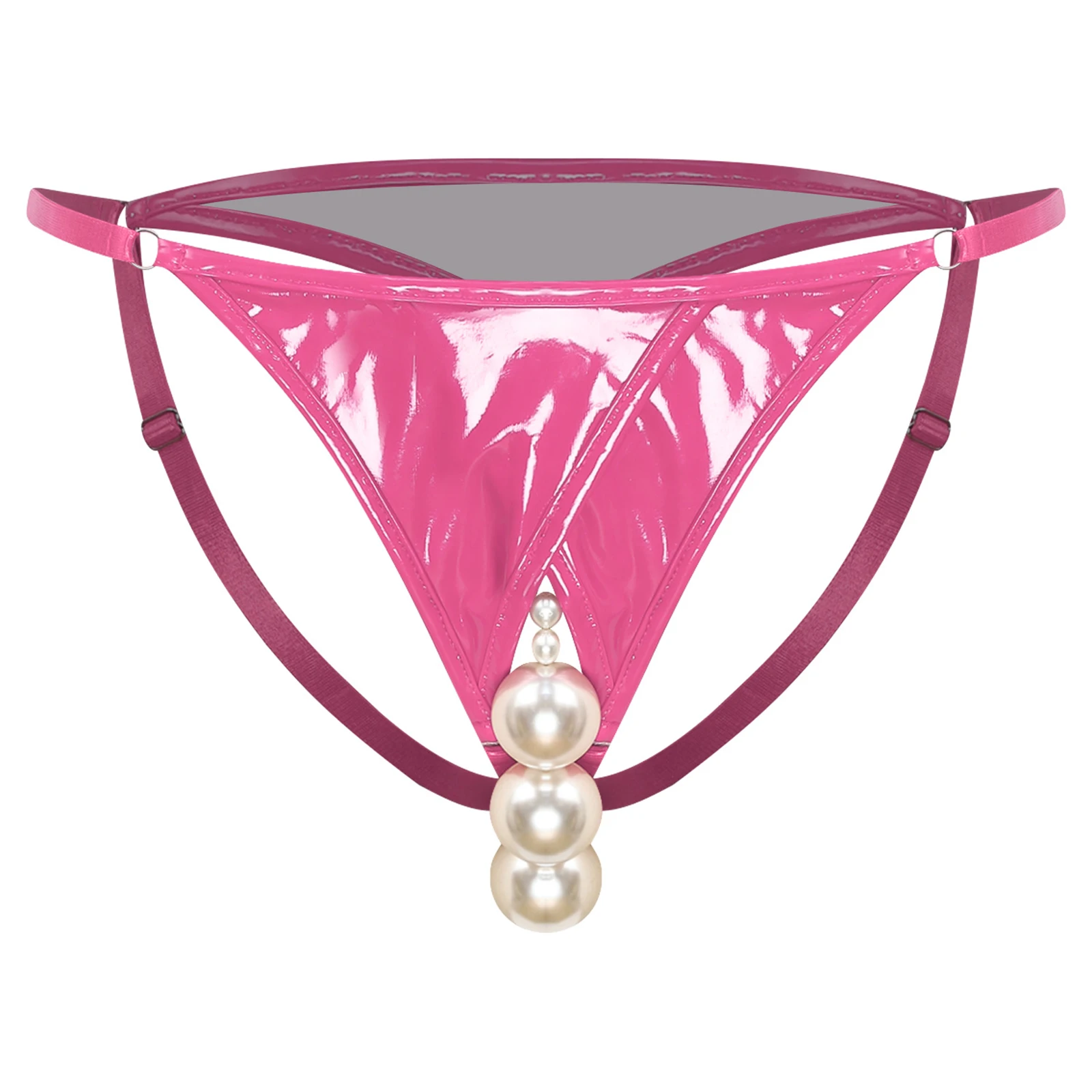 

Sexy Womens Faux Pearls Patent Leather Underwear Low Rise Elastic Waistband Cutout Crotch T-back Lingerie Thong Briefs Panties