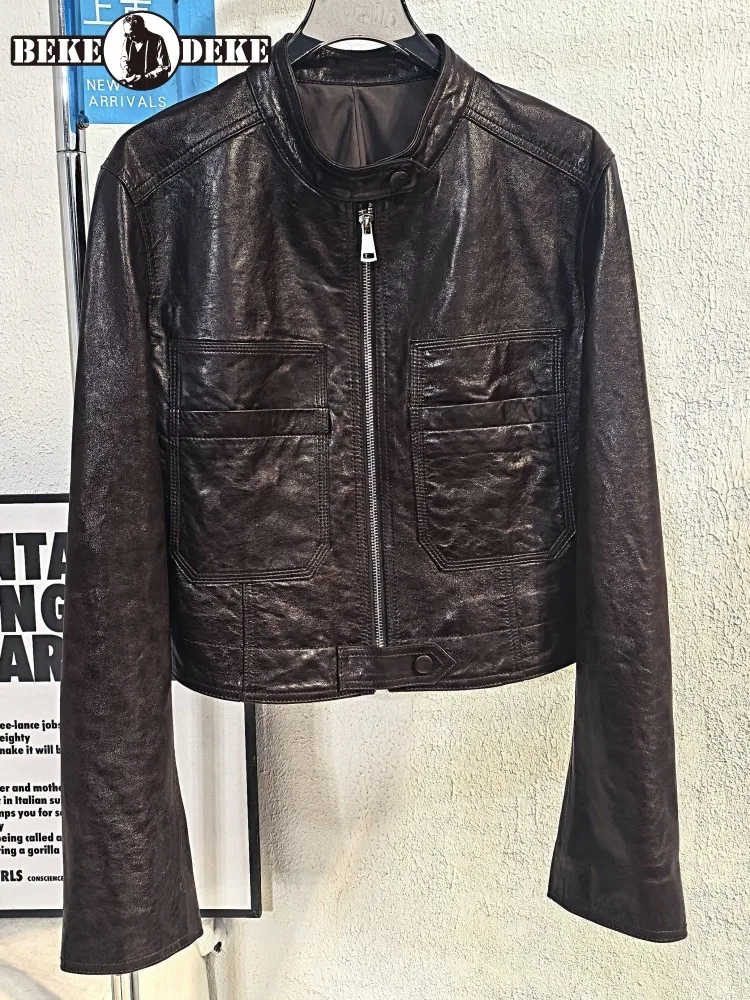 Leisure Ladies Slim Zipper Short Genuine Leather Jackets Handmade Solid Color Stand Collar Long Sleeves Sheepskin Outwear
